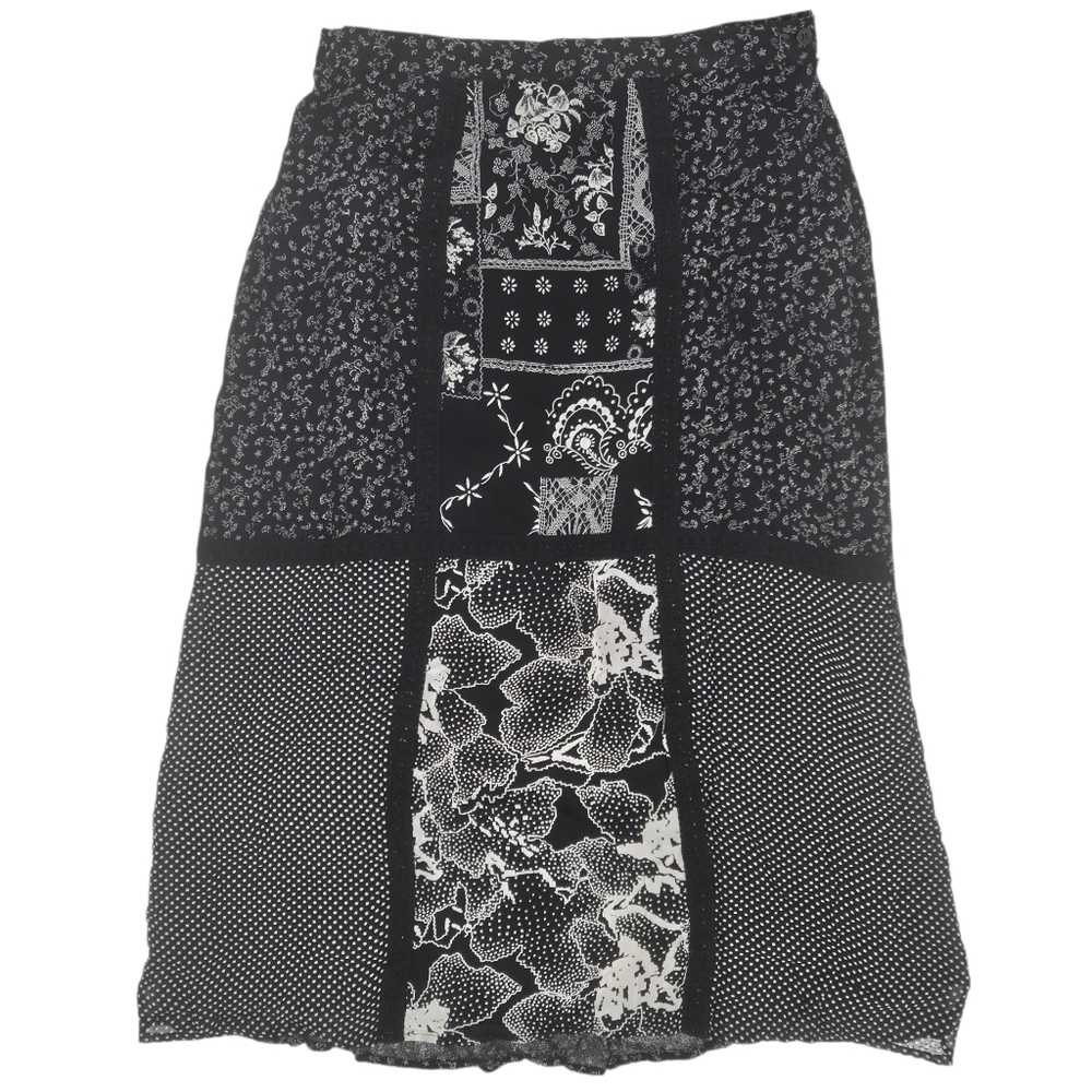 Vintage Patchwork Black‎ White 90s Floral Boho Goth Grunge Maxi Skirt Med